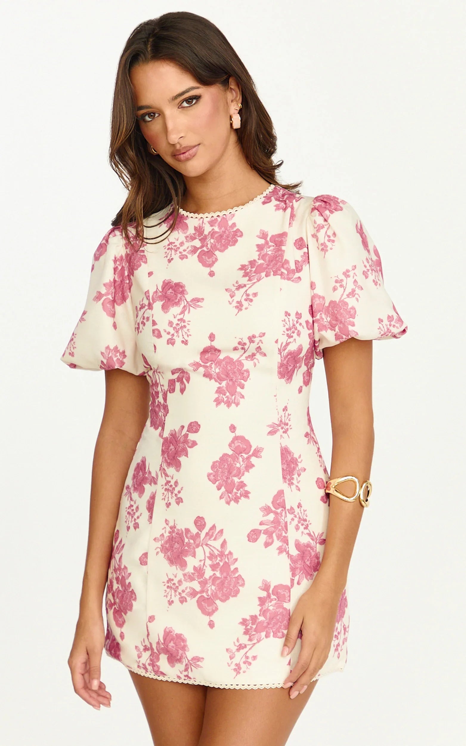 Lila Mini Dress - High Neck Puff Sleeve Lace Back Fitted Dress in Toile De Joie Print
