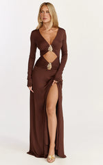 Sahara Maxi Dress - Long Sleeve Cut Out Gold Trim Dress in Chocolate